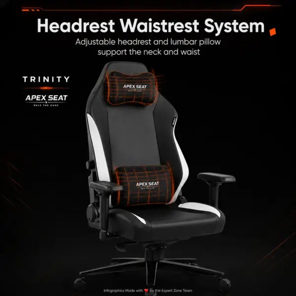 APEX SEAT TRINITY Gaming Chair with Magnetic Memory Foam Headrest, 4-Way Lumbar Support, 4D Armrests, 90°–141° Recline, Class 4 Lift & 180 kg Capacity | BLACK & WHITE