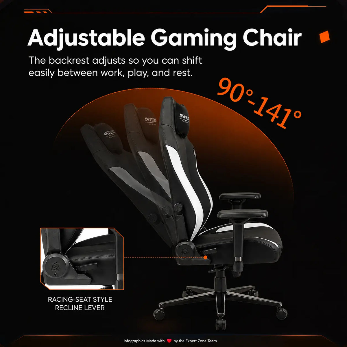 APEX SEAT TRINITY Gaming Chair with Magnetic Memory Foam Headrest, 4-Way Lumbar Support, 4D Armrests, 90°–141° Recline, Class 4 Lift & 180 kg Capacity | BLACK & WHITE