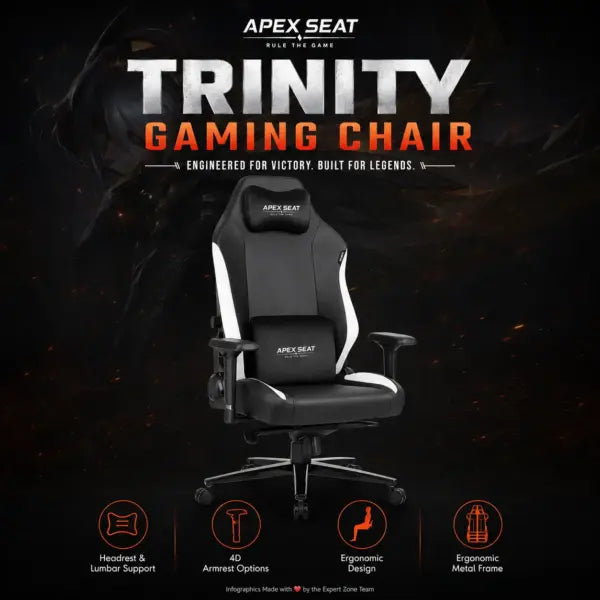 APEX SEAT TRINITY Gaming Chair with Magnetic Memory Foam Headrest, 4-Way Lumbar Support, 4D Armrests, 90°–141° Recline, Class 4 Lift & 180 kg Capacity | BLACK & WHITE