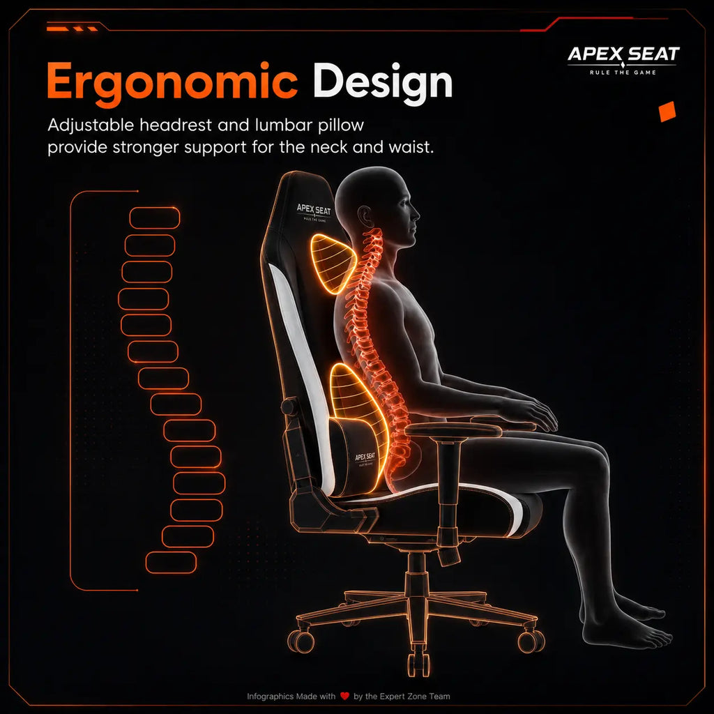 APEX SEAT TRINITY Gaming Chair with Magnetic Memory Foam Headrest, 4-Way Lumbar Support, 4D Armrests, 90°–141° Recline, Class 4 Lift & 180 kg Capacity | BLACK & WHITE