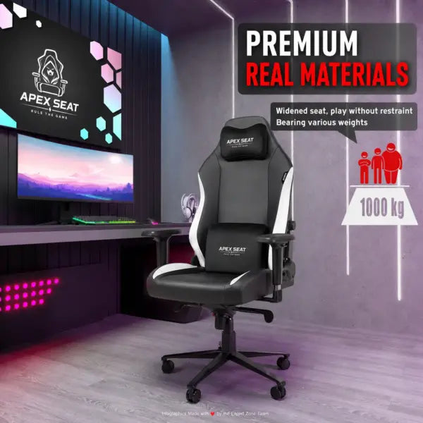 APEX SEAT TRINITY Gaming Chair with Magnetic Memory Foam Headrest, 4-Way Lumbar Support, 4D Armrests, 90°–141° Recline, Class 4 Lift & 180 kg Capacity | BLACK & WHITE
