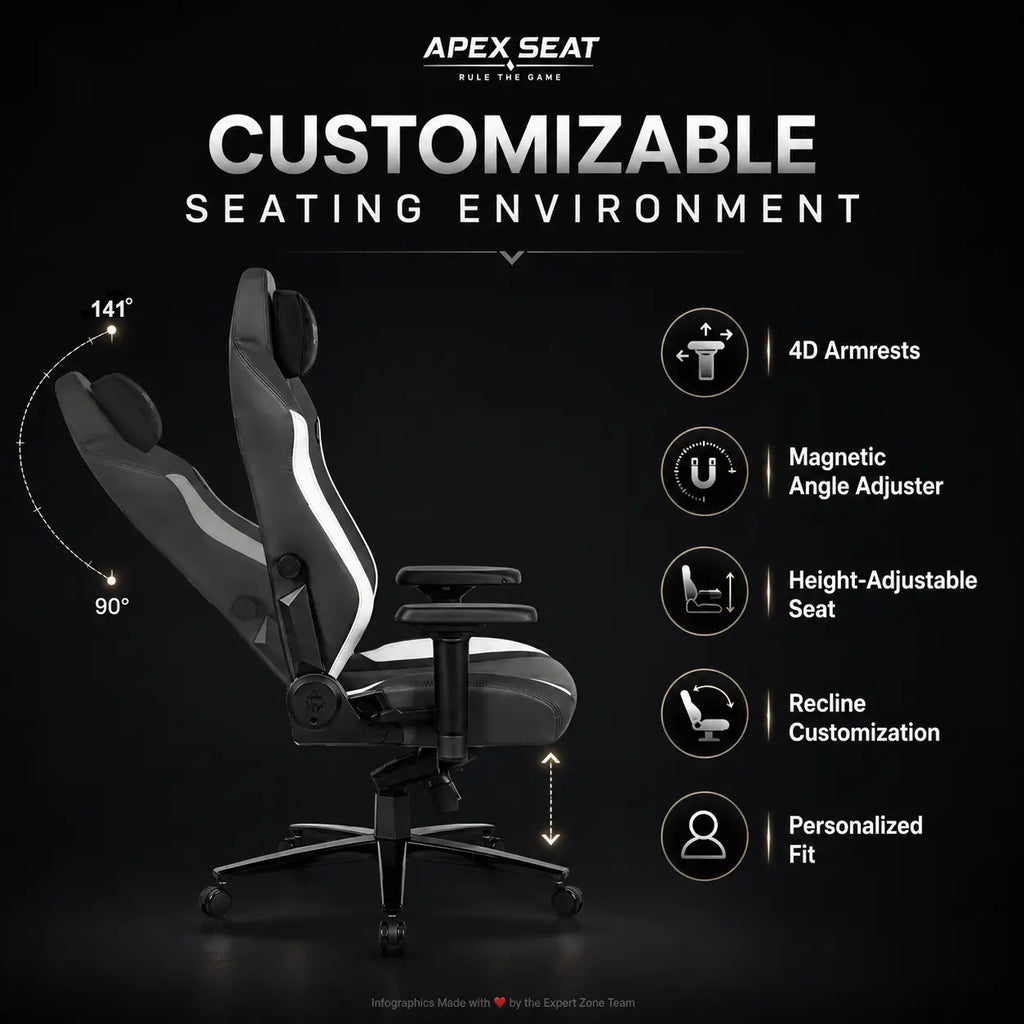 APEX SEAT TRINITY Gaming Chair with Magnetic Memory Foam Headrest, 4-Way Lumbar Support, 4D Armrests, 90°–141° Recline, Class 4 Lift & 180 kg Capacity | BLACK & WHITE