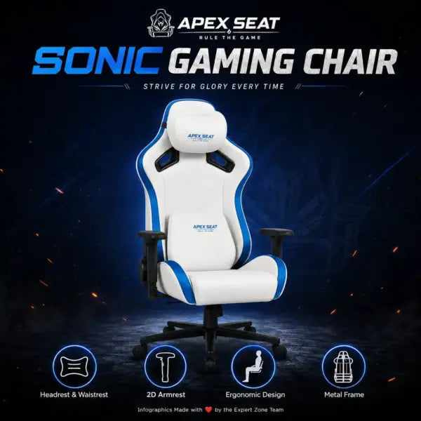APEX SEAT SONIC Gaming Chair – 90°–155° Recline, 2D Armrests, Class 4 Gas Lift, 50kg/m³ Foam, PVC Leather + Velvet, Silent PU Wheels, Metal Base, Headrest & Lumbar Cushions, 150kg Capacity | WHITE & BLUE