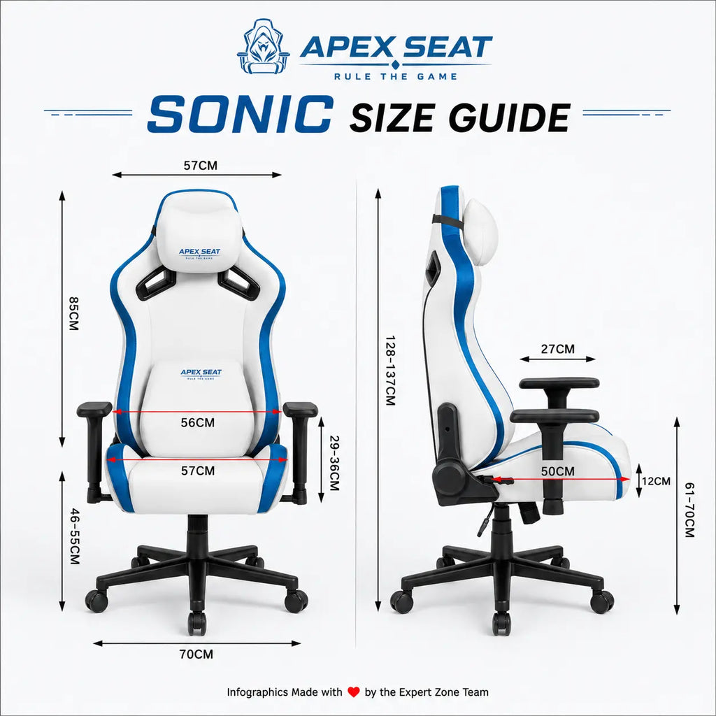 APEX SEAT SONIC Gaming Chair – 90°–155° Recline, 2D Armrests, Class 4 Gas Lift, 50kg/m³ Foam, PVC Leather + Velvet, Silent PU Wheels, Metal Base, Headrest & Lumbar Cushions, 150kg Capacity | WHITE & BLUE