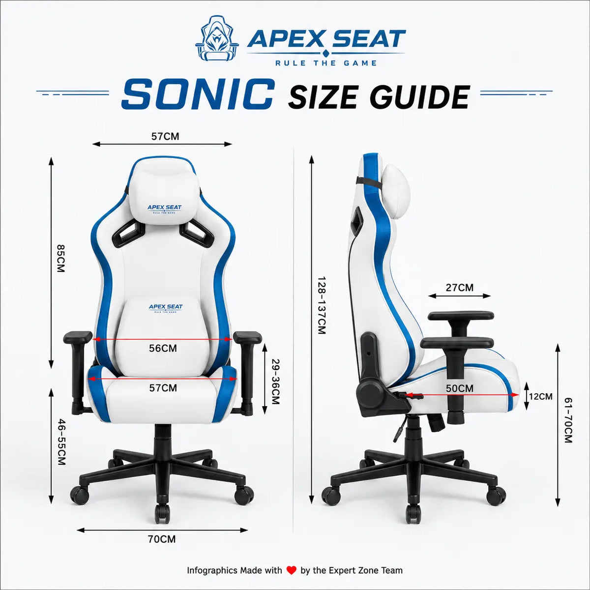 APEX SEAT SONIC Gaming Chair – 90°–155° Recline, 2D Armrests, Class 4 Gas Lift, 50kg/m³ Foam, PVC Leather + Velvet, Silent PU Wheels, Metal Base, Headrest & Lumbar Cushions, 150kg Capacity | WHITE & BLUE