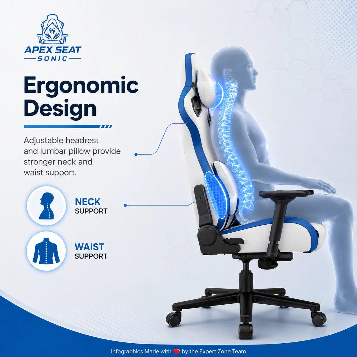 APEX SEAT SONIC Gaming Chair – 90°–155° Recline, 2D Armrests, Class 4 Gas Lift, 50kg/m³ Foam, PVC Leather + Velvet, Silent PU Wheels, Metal Base, Headrest & Lumbar Cushions, 150kg Capacity | WHITE & BLUE