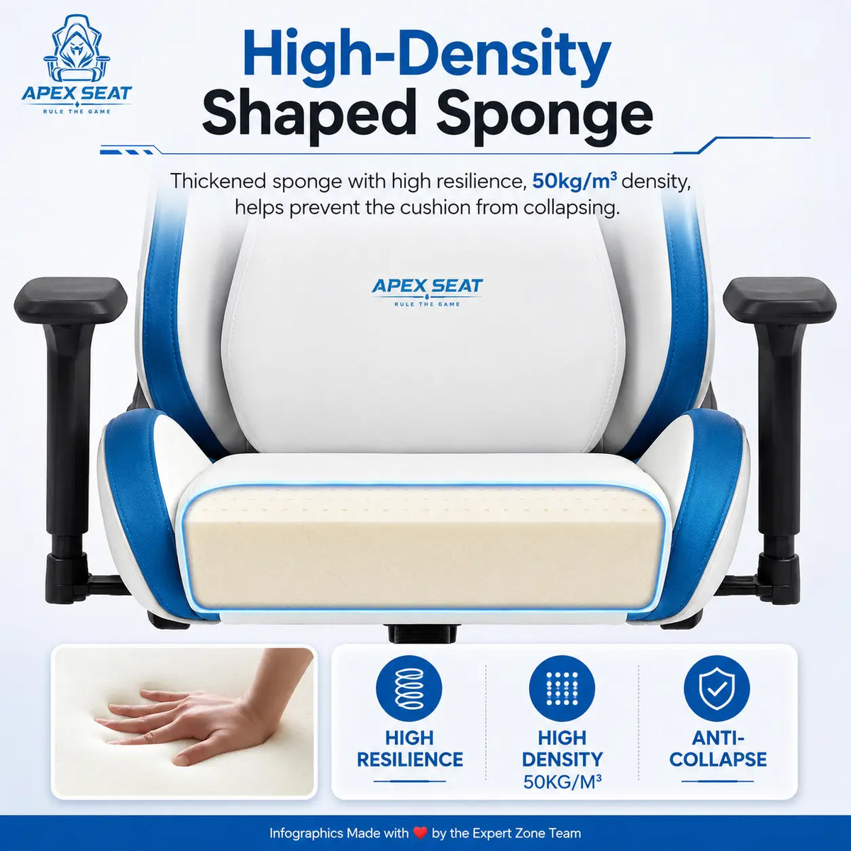 APEX SEAT SONIC Gaming Chair – 90°–155° Recline, 2D Armrests, Class 4 Gas Lift, 50kg/m³ Foam, PVC Leather + Velvet, Silent PU Wheels, Metal Base, Headrest & Lumbar Cushions, 150kg Capacity | WHITE & BLUE