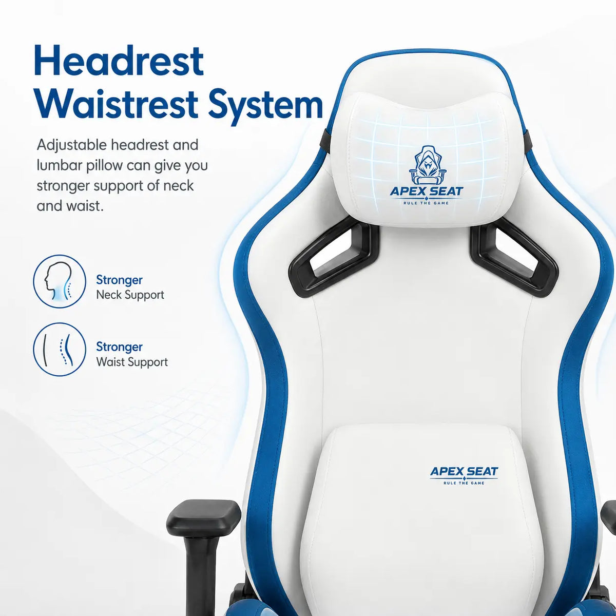 APEX SEAT SONIC Gaming Chair – 90°–155° Recline, 2D Armrests, Class 4 Gas Lift, 50kg/m³ Foam, PVC Leather + Velvet, Silent PU Wheels, Metal Base, Headrest & Lumbar Cushions, 150kg Capacity | WHITE & BLUE