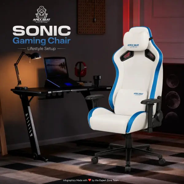 APEX SEAT SONIC Gaming Chair – 90°–155° Recline, 2D Armrests, Class 4 Gas Lift, 50kg/m³ Foam, PVC Leather + Velvet, Silent PU Wheels, Metal Base, Headrest & Lumbar Cushions, 150kg Capacity | WHITE & BLUE
