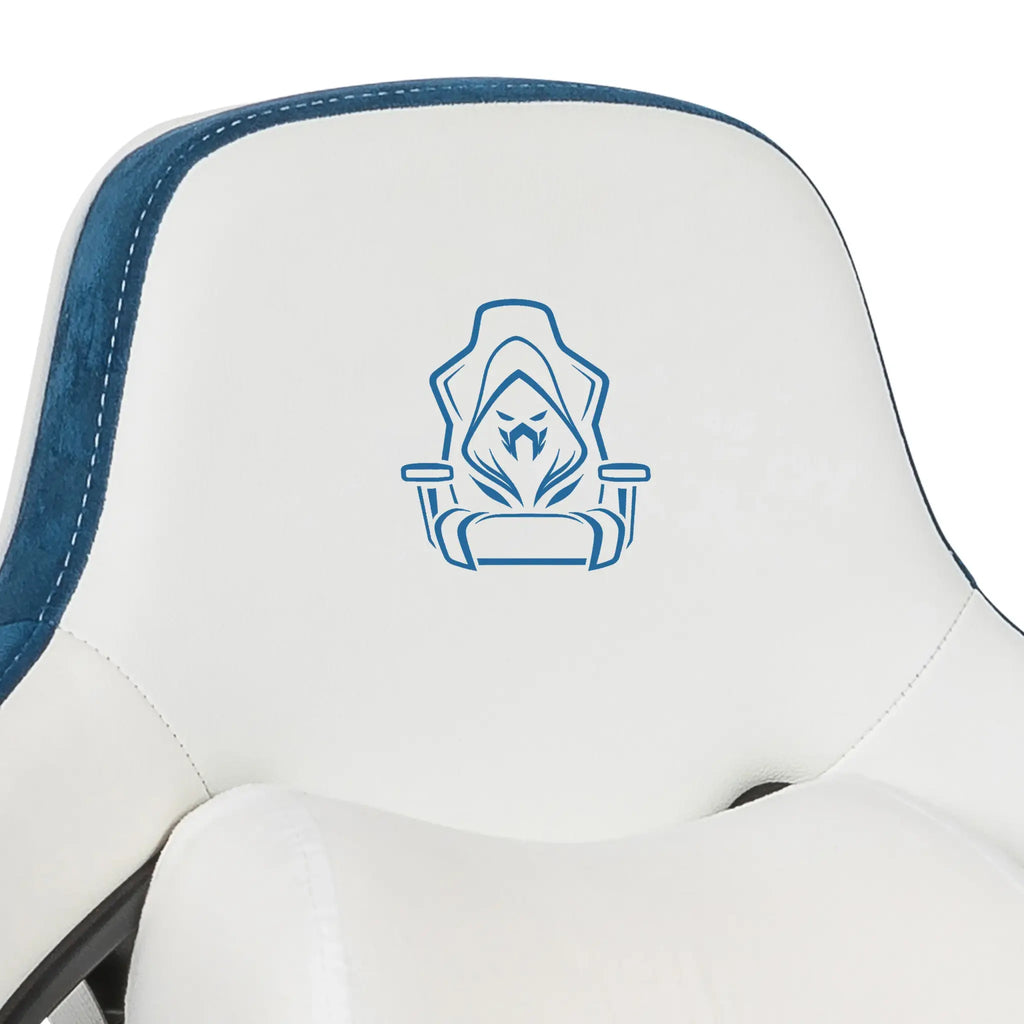 APEX SEAT SONIC Gaming Chair – 90°–155° Recline, 2D Armrests, Class 4 Gas Lift, 50kg/m³ Foam, PVC Leather + Velvet, Silent PU Wheels, Metal Base, Headrest & Lumbar Cushions, 150kg Capacity | WHITE & BLUE
