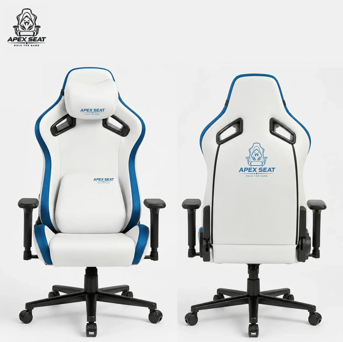 APEX SEAT SONIC Gaming Chair – 90°–155° Recline, 2D Armrests, Class 4 Gas Lift, 50kg/m³ Foam, PVC Leather + Velvet, Silent PU Wheels, Metal Base, Headrest & Lumbar Cushions, 150kg Capacity | WHITE & BLUE