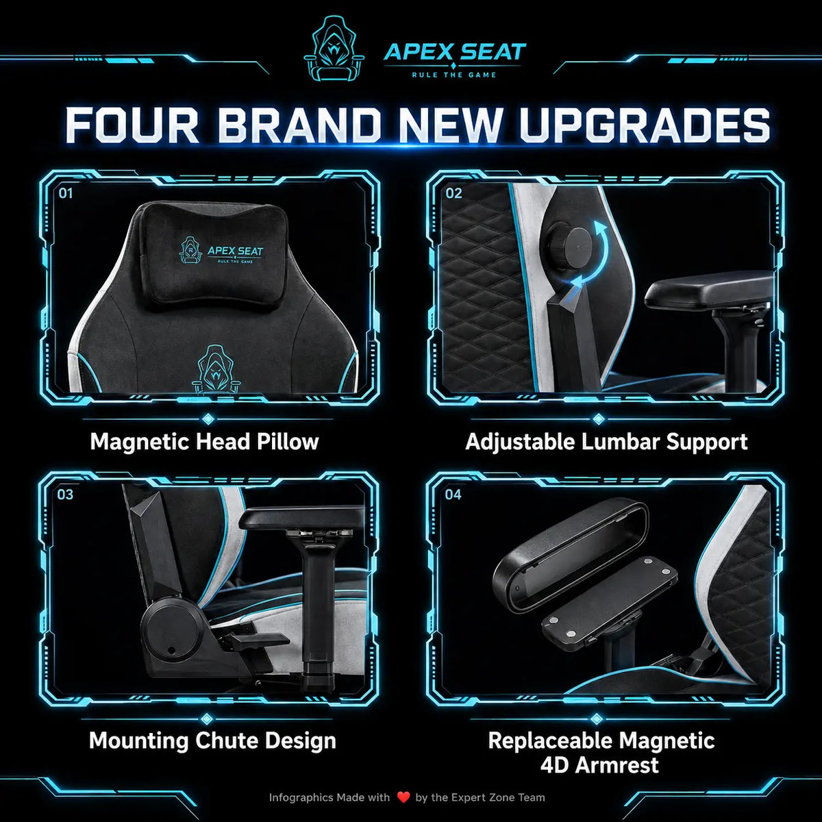 APEX SEAT ViCity Gaming Chair – Microsuede + PU Leather, 90°–141° Recline, 4D Magnetic Armrests, 4-Way Lumbar Support, Magnetic Headrest & Class 4 Gas Lift, 180kg Max | DARK GREY
