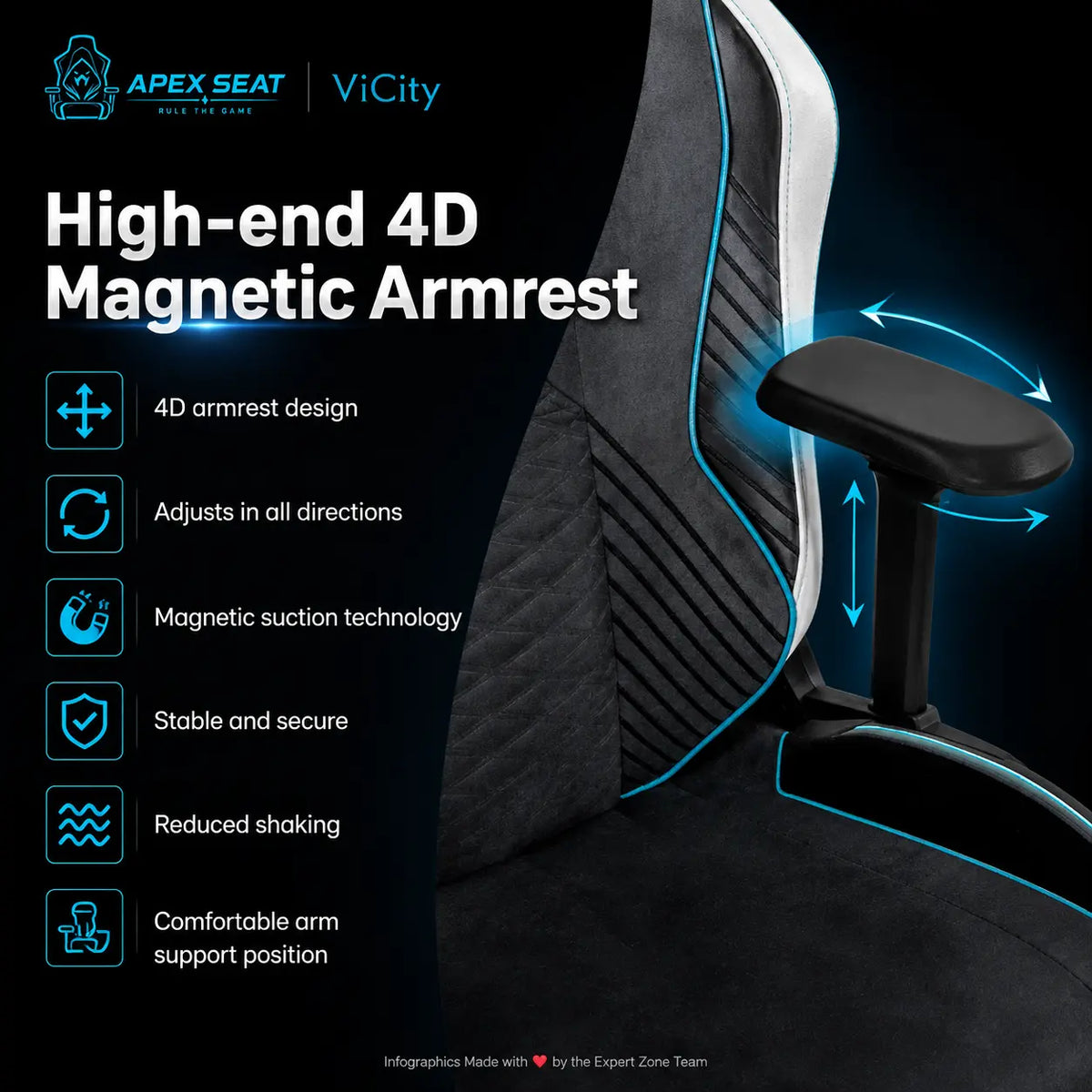 APEX SEAT ViCity Gaming Chair – Microsuede + PU Leather, 90°–141° Recline, 4D Magnetic Armrests, 4-Way Lumbar Support, Magnetic Headrest & Class 4 Gas Lift, 180kg Max | DARK GREY