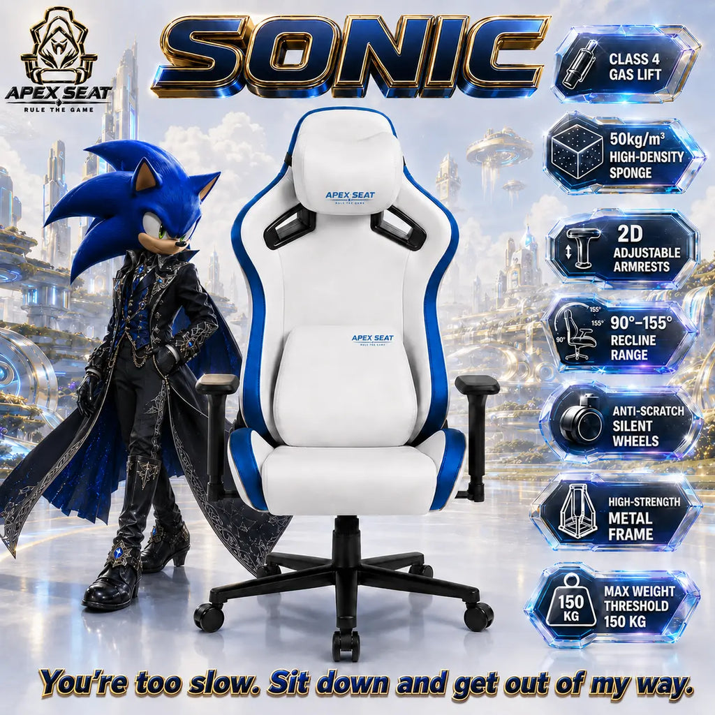 APEX SEAT SONIC Gaming Chair – 90°–155° Recline, 2D Armrests, Class 4 Gas Lift, 50kg/m³ Foam, PVC Leather + Velvet, Silent PU Wheels, Metal Base, Headrest & Lumbar Cushions, 150kg Capacity | WHITE & BLUE