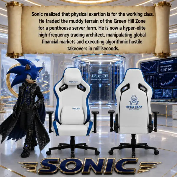 APEX SEAT SONIC Gaming Chair – 90°–155° Recline, 2D Armrests, Class 4 Gas Lift, 50kg/m³ Foam, PVC Leather + Velvet, Silent PU Wheels, Metal Base, Headrest & Lumbar Cushions, 150kg Capacity | WHITE & BLUE
