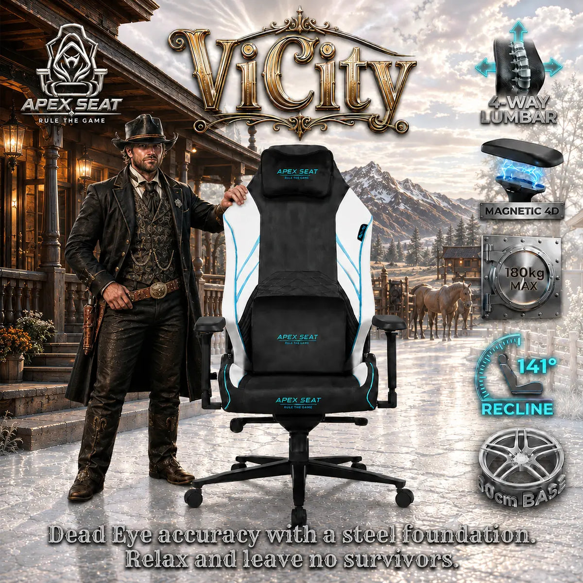 APEX SEAT ViCity Gaming Chair – Microsuede + PU Leather, 90°–141° Recline, 4D Magnetic Armrests, 4-Way Lumbar Support, Magnetic Headrest & Class 4 Gas Lift, 180kg Max | DARK GREY