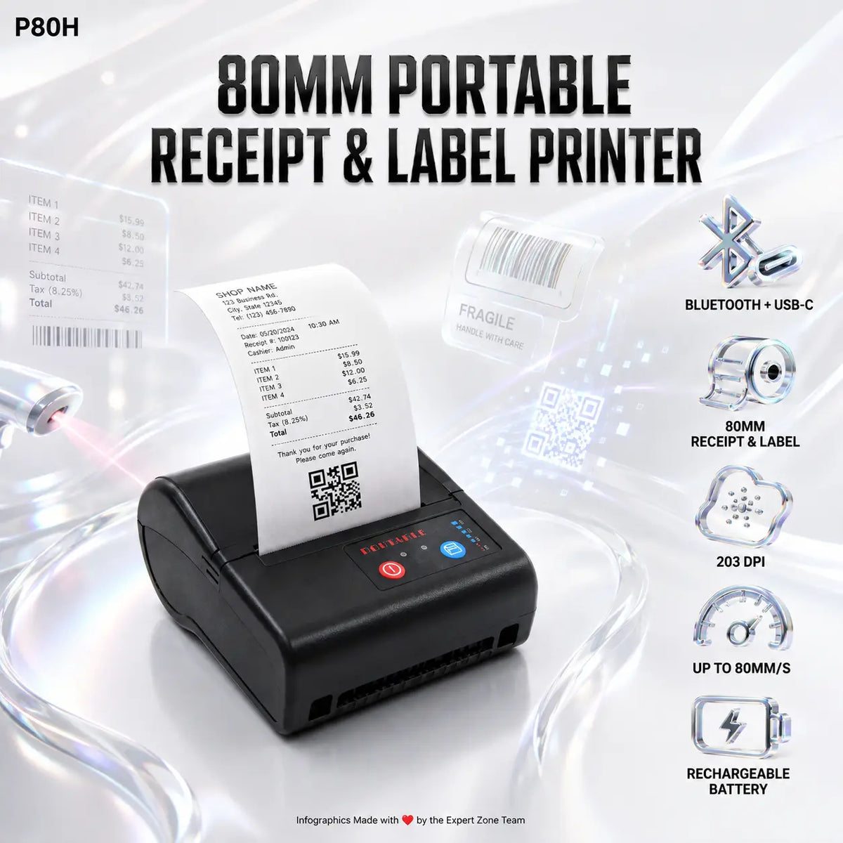 P80H 80mm Portable Thermal Receipt & Label Printer, Bluetooth + USB-C, 203 DPI, Up to 80mm/s, Rechargeable Battery, Android, iOS & Windows Support