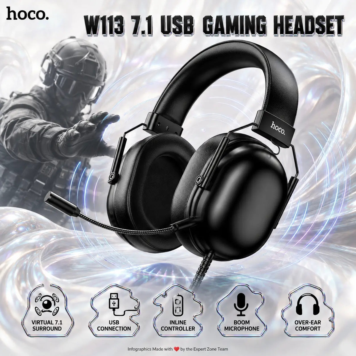 HOCO W113 Dynamic Multichannel USB Gaming Headset With Virtual 7.1 Surround Sound, Inline Wired Controller, Over-Ear Cushions and Adjustable Microphone – Black