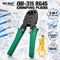 Ou Bao OB-315 Portable RG45 Crimping Pliers with Cutting, Stripping and Crimping Functions, Durable Construction, Green Handles and Yellow Stripping Accessory