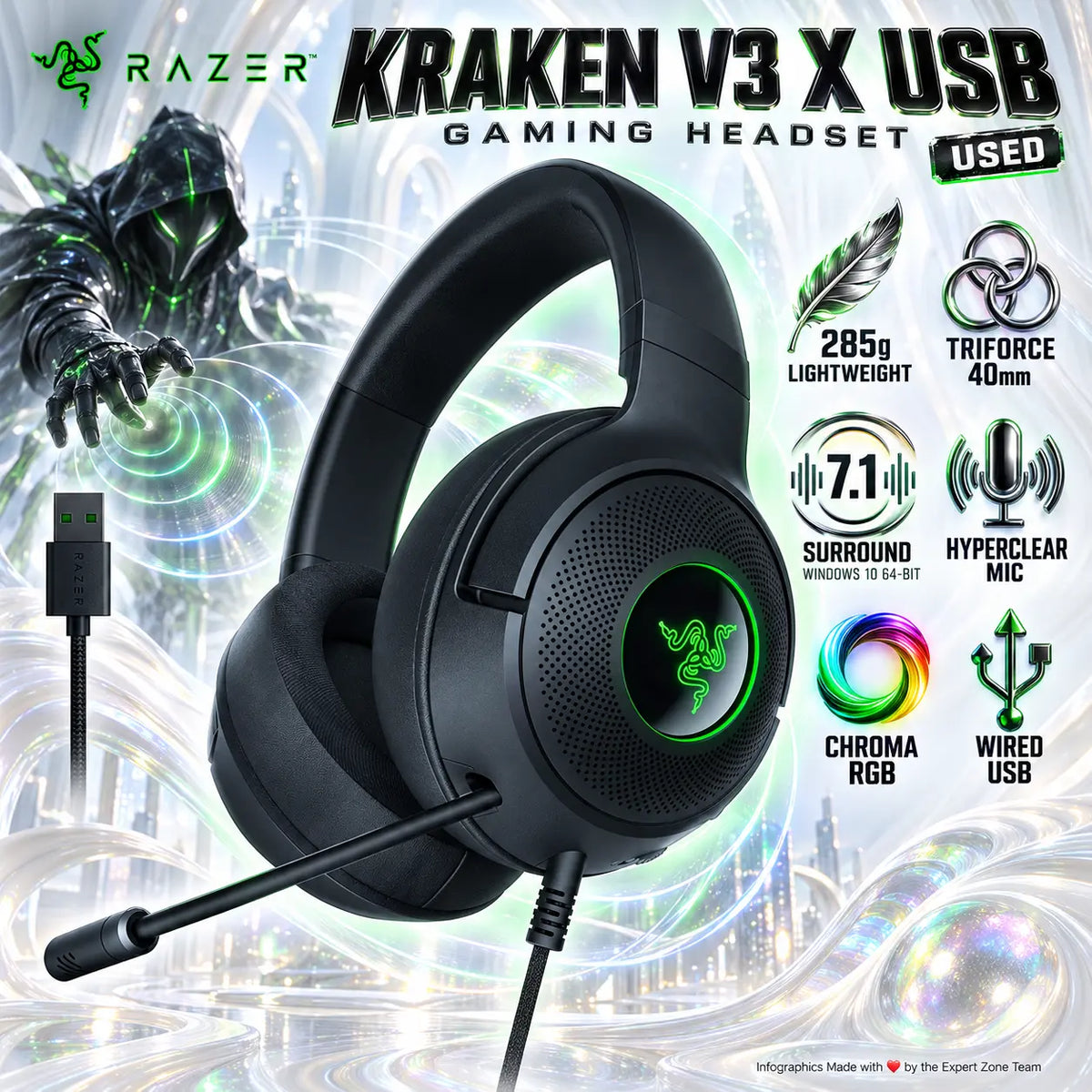 Razer Kraken V3 X Wired USB Gaming Headset, 285g, TriForce 40mm Drivers, 7.1 Surround Sound, HyperClear Cardioid Mic and Chroma RGB, Black | Used