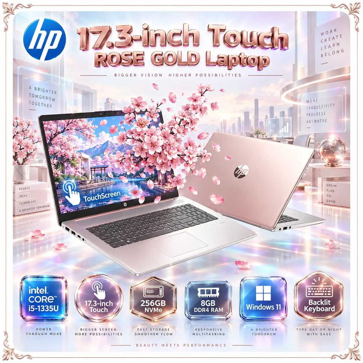 HP NOTEBOOK 17-CN3XXX Intel Core i5-1334U | 8GB DDR4 RAM : 256GB SSD NVMe | 17.3 inch HD+ Touch IPS Display | Backlit Keyboard | Windows 11 | ROSE GOLD ~ Factory Refurb