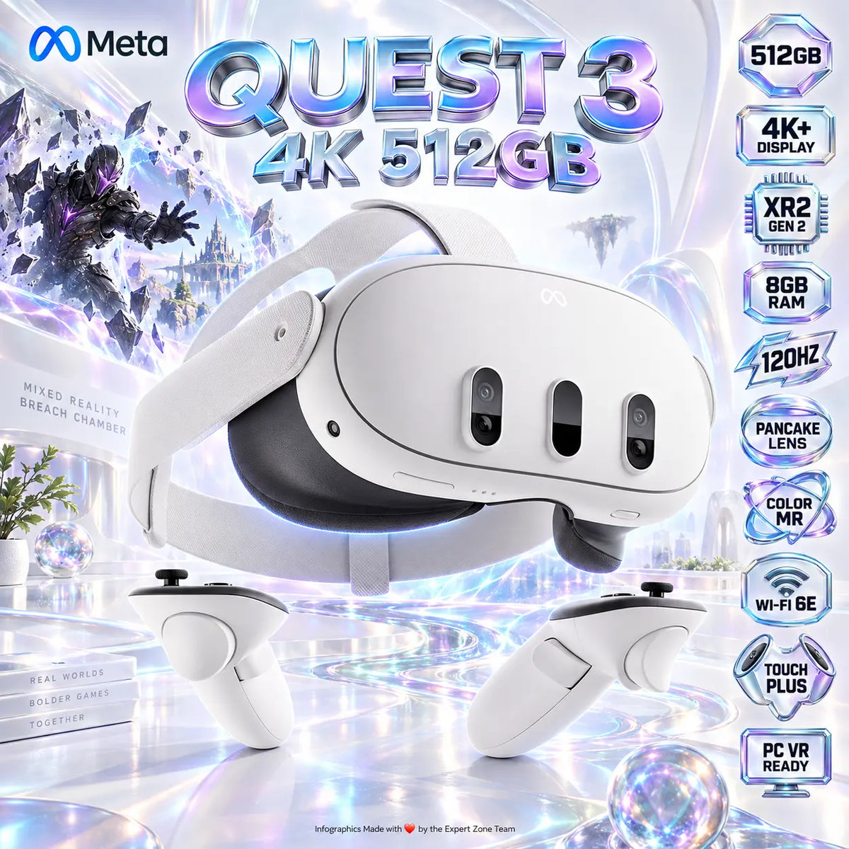 Meta Quest 3 512GB VR/MR Headset, 4K+ Infinite Display, Snapdragon XR2 Gen 2, 8GB RAM, 120Hz, Pancake Lenses, Wi‑Fi 6E & Touch Plus Controllers | 3 DAYS WARRANTY ONLY