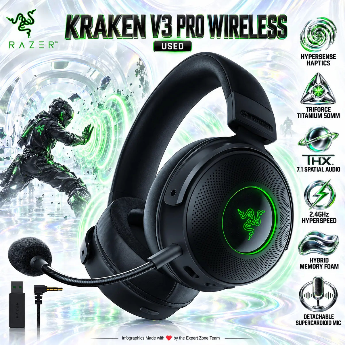Razer Kraken V3 Pro Wireless Gaming Headset, HyperSense Haptics, THX 7.1 Spatial Audio, TriForce Titanium 50mm Drivers, HyperSpeed Wireless & Chroma RGB, Black | Used