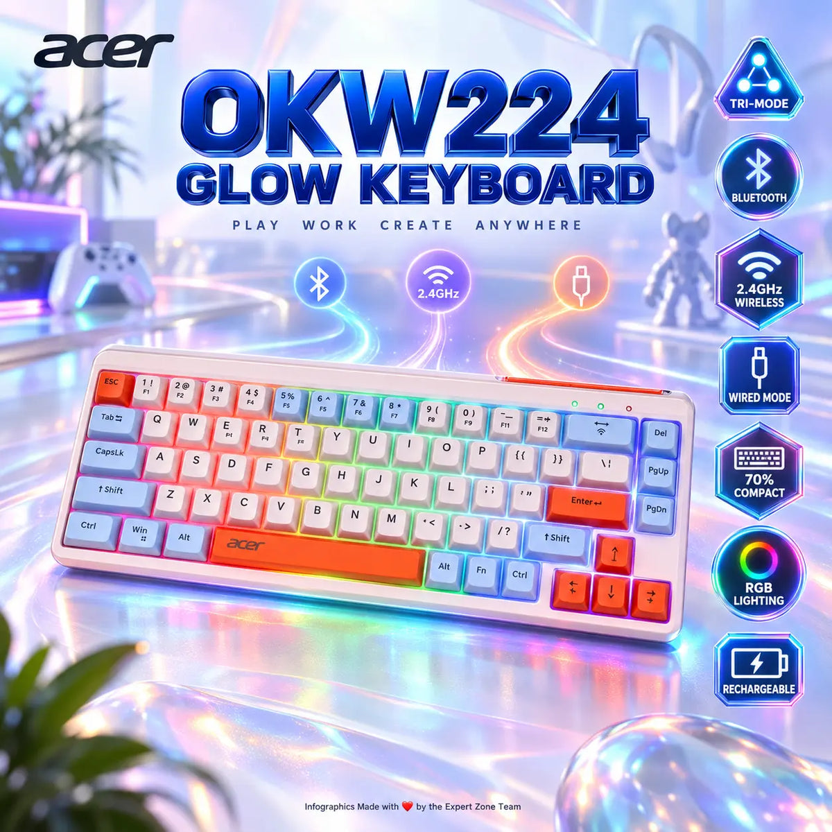 Acer OKW224 Glow 70% Compact RGB Tri-Mode Wireless Keyboard, Bluetooth, 2.4GHz & Wired Connectivity, Rechargeable Battery – Blueberry