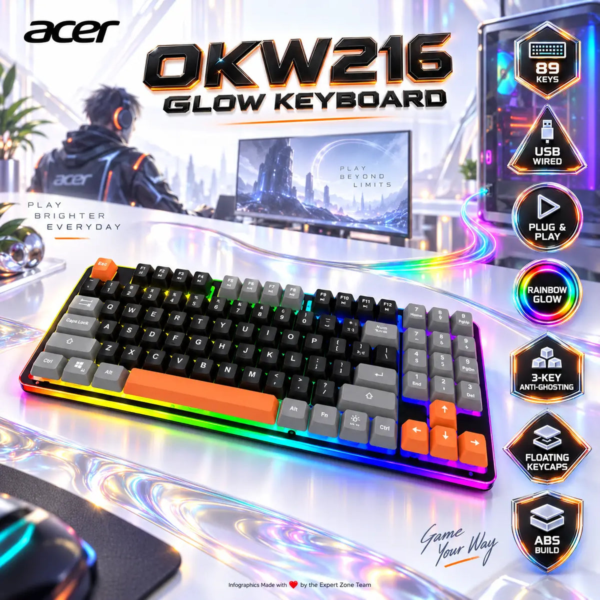 Acer OKW216 89-Key Compact Wired Gaming Keyboard With Numeric Keypad, Rainbow Glow, 3-Key Anti-Ghosting, Floating Keycaps & USB – Black/Grey