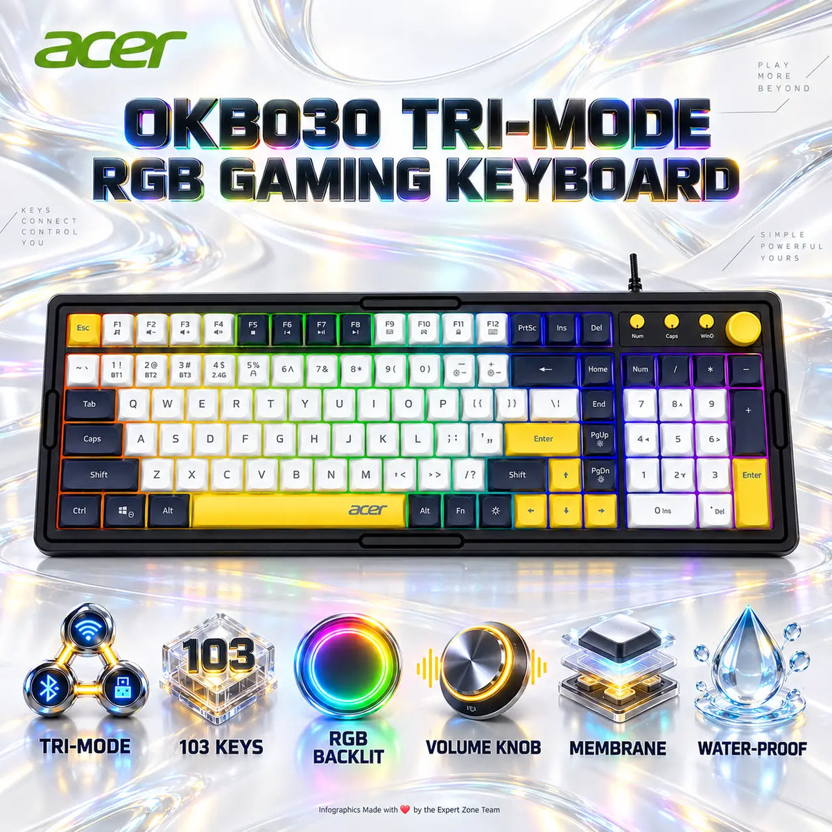 Acer OKB030 Tri-Mode 103-Key Membrane Gaming Keyboard With Bluetooth, 2.4GHz & Wired Connectivity, RGB Rainbow Backlight, Volume Knob, 1.5m Cable – Black/White/Yellow & Slim Design
