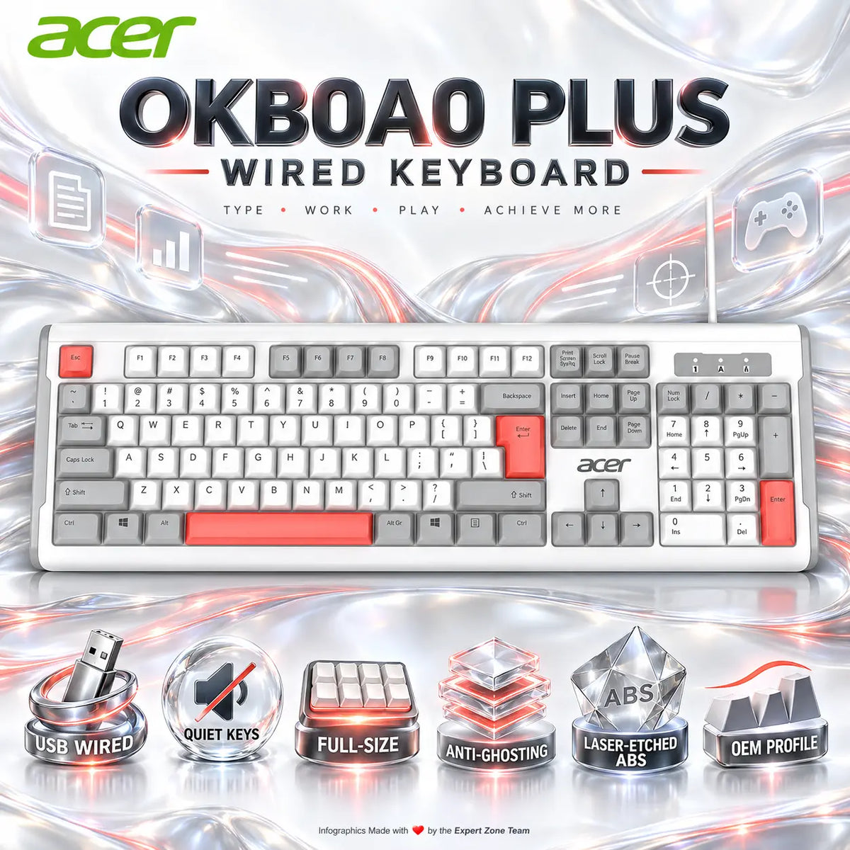 Acer OKB0A0 Plus Full-Size Wired Keyboard With Quiet Soft-Switch Keys, Numpad, Anti-Ghosting, USB Plug-and-Play, Laser-Etched ABS Keycaps & White/Gray/Red Design for Work & Gaming.