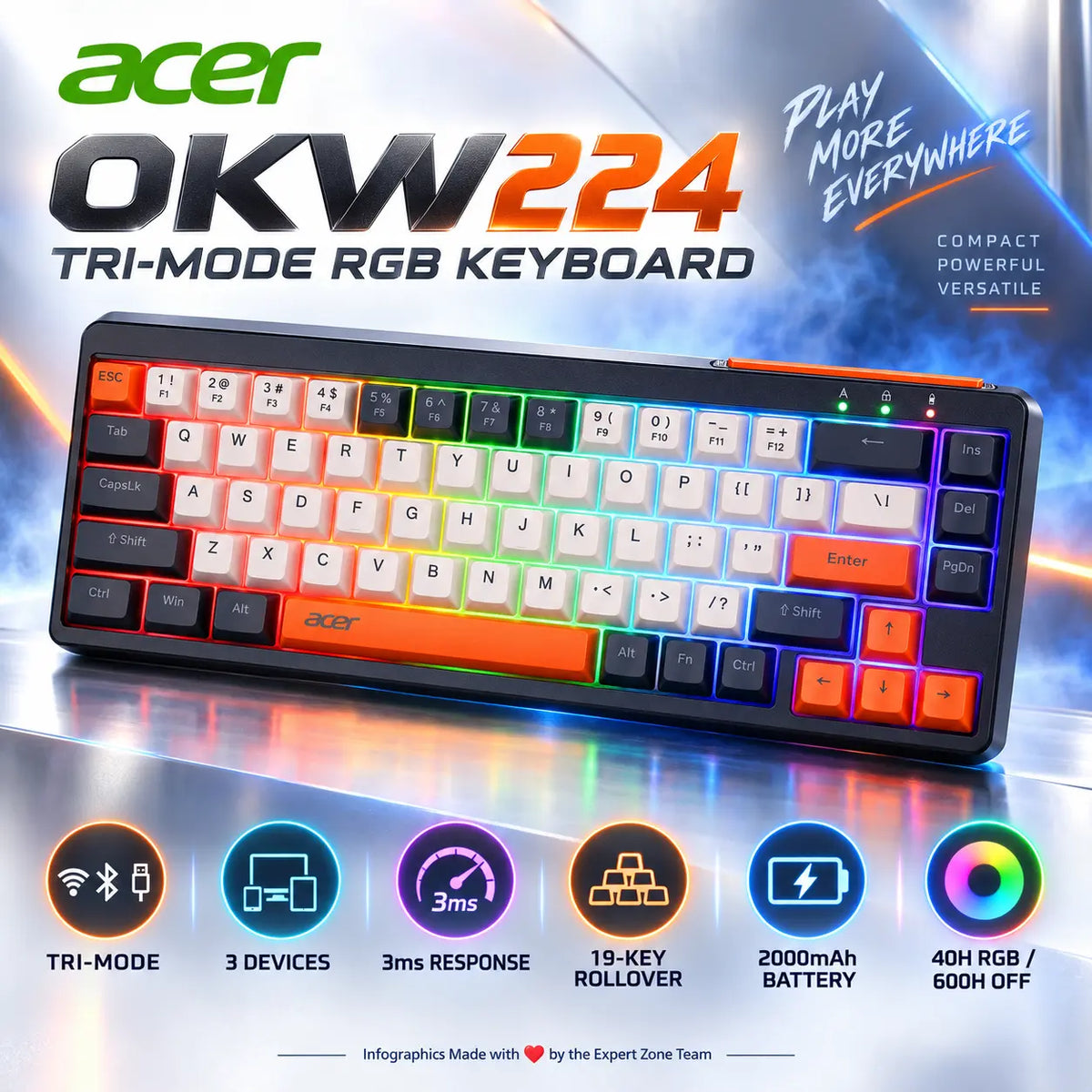 Acer OKW224 Shimmer 70% Tri-Mode RGB Gaming Keyboard With Bluetooth 5.0, 2.4GHz & USB-C, Silent 3ms Switches, 19-Key Rollover, 2000mAh Battery & Gradient Keycaps