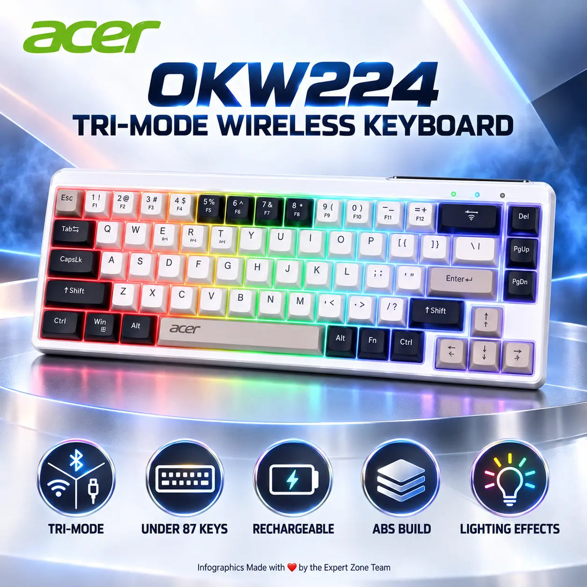 Acer OKW224 Cheese White 70% Tri-Mode RGB Keyboard With Bluetooth, 2.4GHz Wireless and Wired Connectivity, Rechargeable Battery and Compact ABS Design