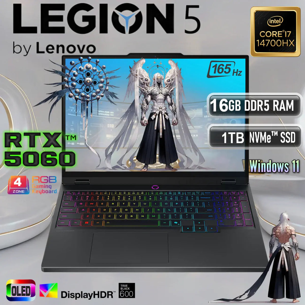 LENOVO AI-Powered Legion 5 15IRX10 AI-Powered: Intel® Core i7-14700HX | 16GB DDR5 RAM , 1TB NVMe® SSD | RTX 5060 (8GB) | 15.1″ WQXGA OLED 165Hz 100% DCI-P3 Display | 24-Zone RGB Backlit Keyboard | Windows® 11 | Eclipse Black