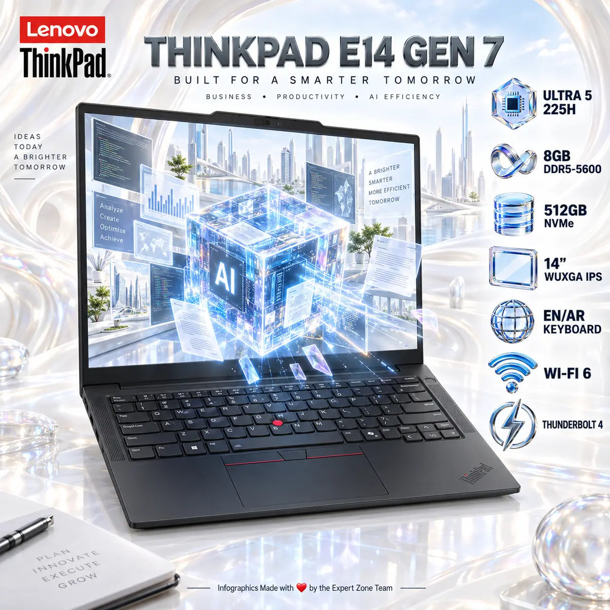 LENOVO ThinkPad E14 Gen 7 : Intel® Core Ultra 5 255H | 8GB DDR5 RAM ; 512GB NVMe SSD | 14 inch WUXGA IPS Display | DOS | EN/AR Keyboard | CARBON BLACK ~ (1 YEAR WTY)