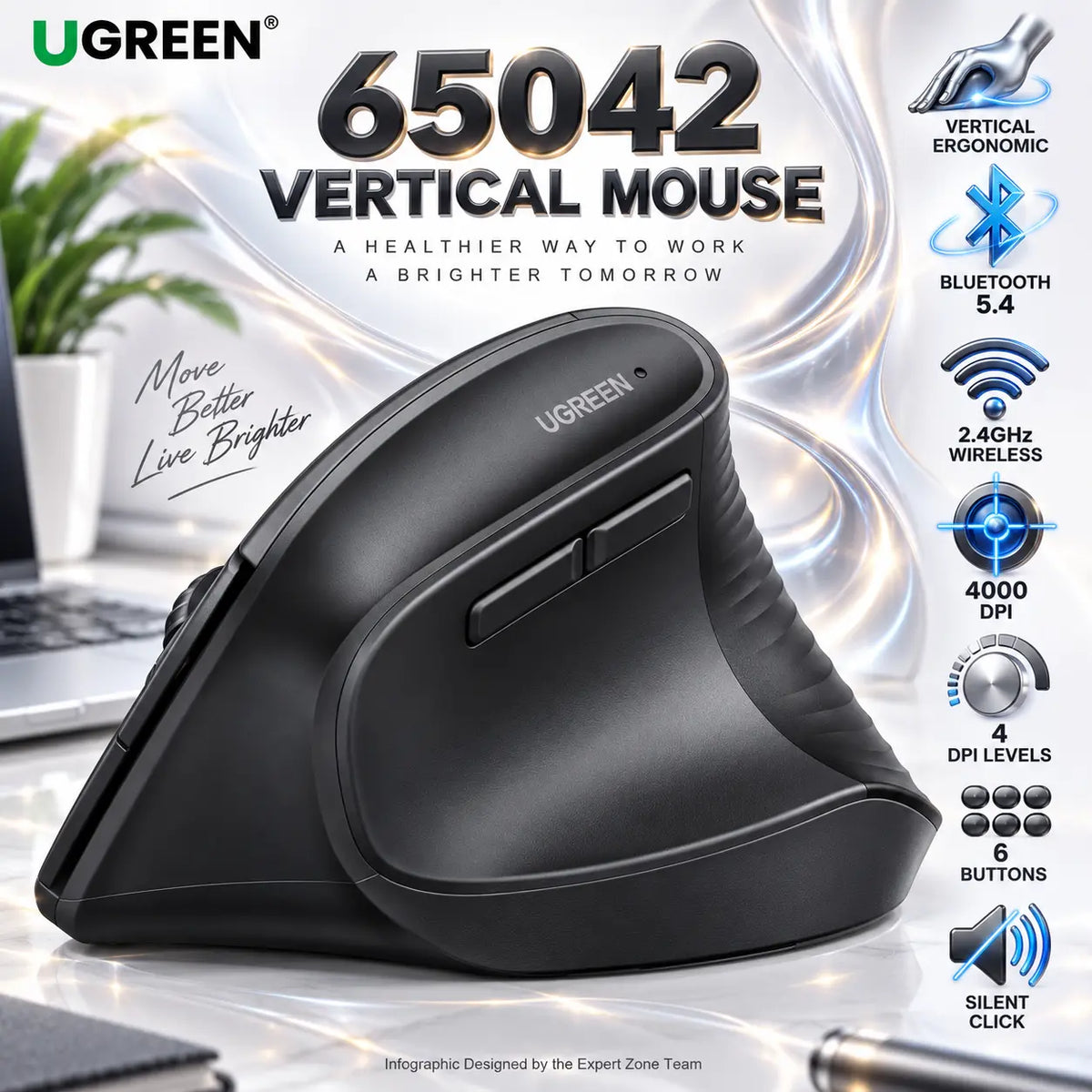 UGREEN 65042 Black Vertical Wireless Mouse With Bluetooth 5.4 And 2.4GHz Dual-Mode Connectivity, 4000 DPI, 4-Level Adjustment, Six Buttons And Silent Ergonomic Design