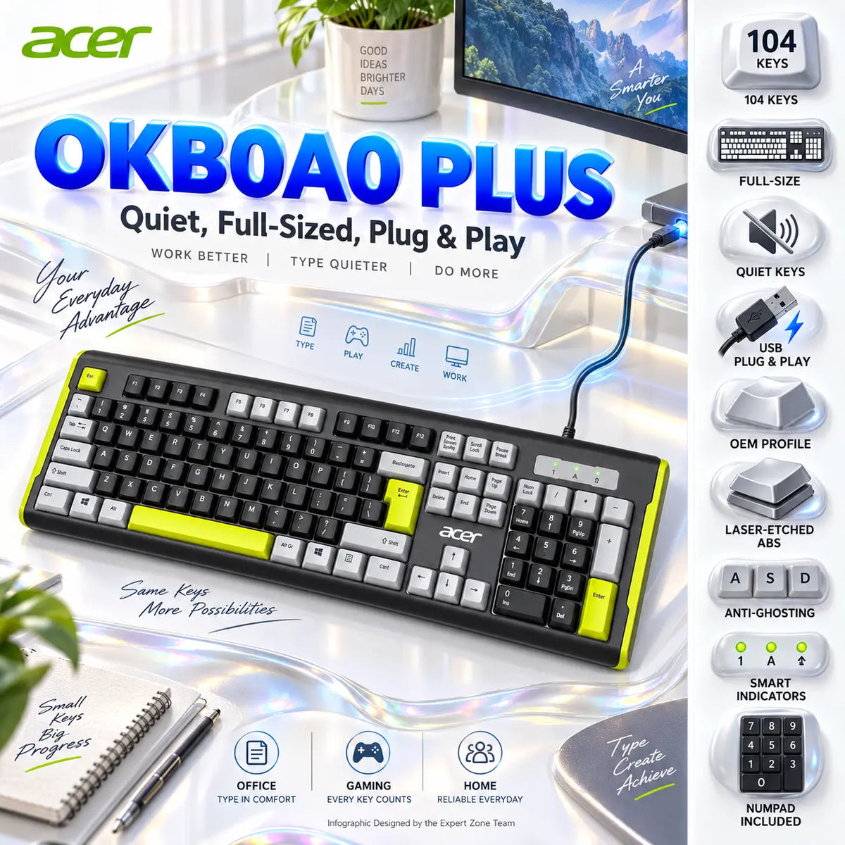 Acer OKB0A0 Plus Black And Grey 104-Key Full-Size Wired Keyboard, Quiet Soft-Switch Keys, USB Plug-And-Play, OEM Profile, Laser-Etched ABS Keycaps, Anti-Ghosting