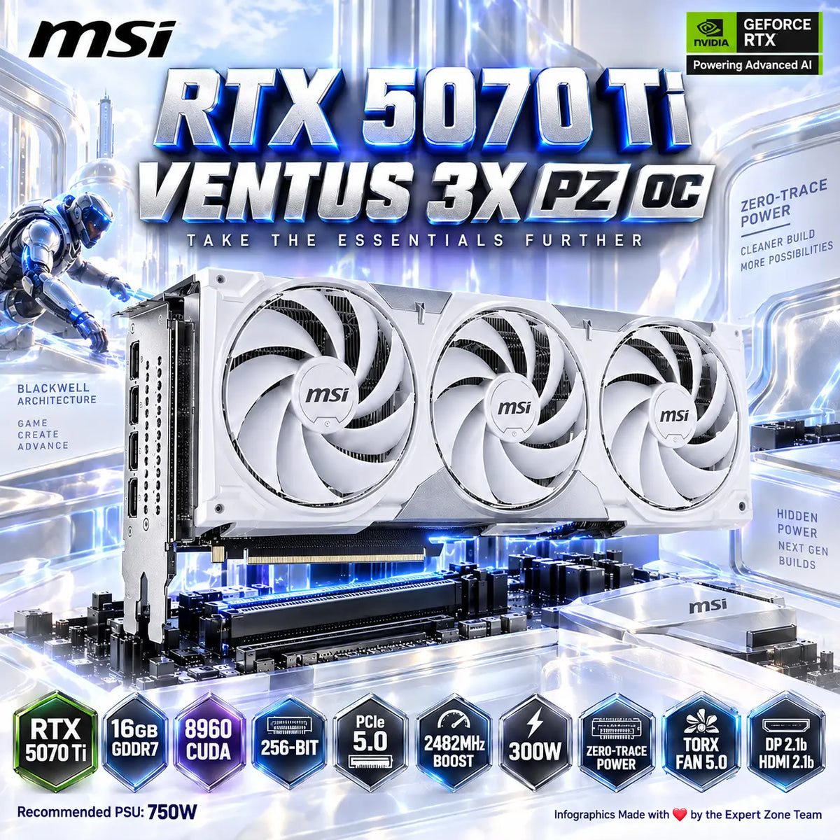 MSI GeForce RTX 5070 Ti 16G VENTUS 3X PZ OC White, 16GB GDDR7, 256-Bit, 2482MHz Boost, 8960 Cores, SFF-Ready, Zero-Trace Power Path, PCIe 5.0, Triple Fan & Hidden 16-Pin Power | G507T-16V3ZC