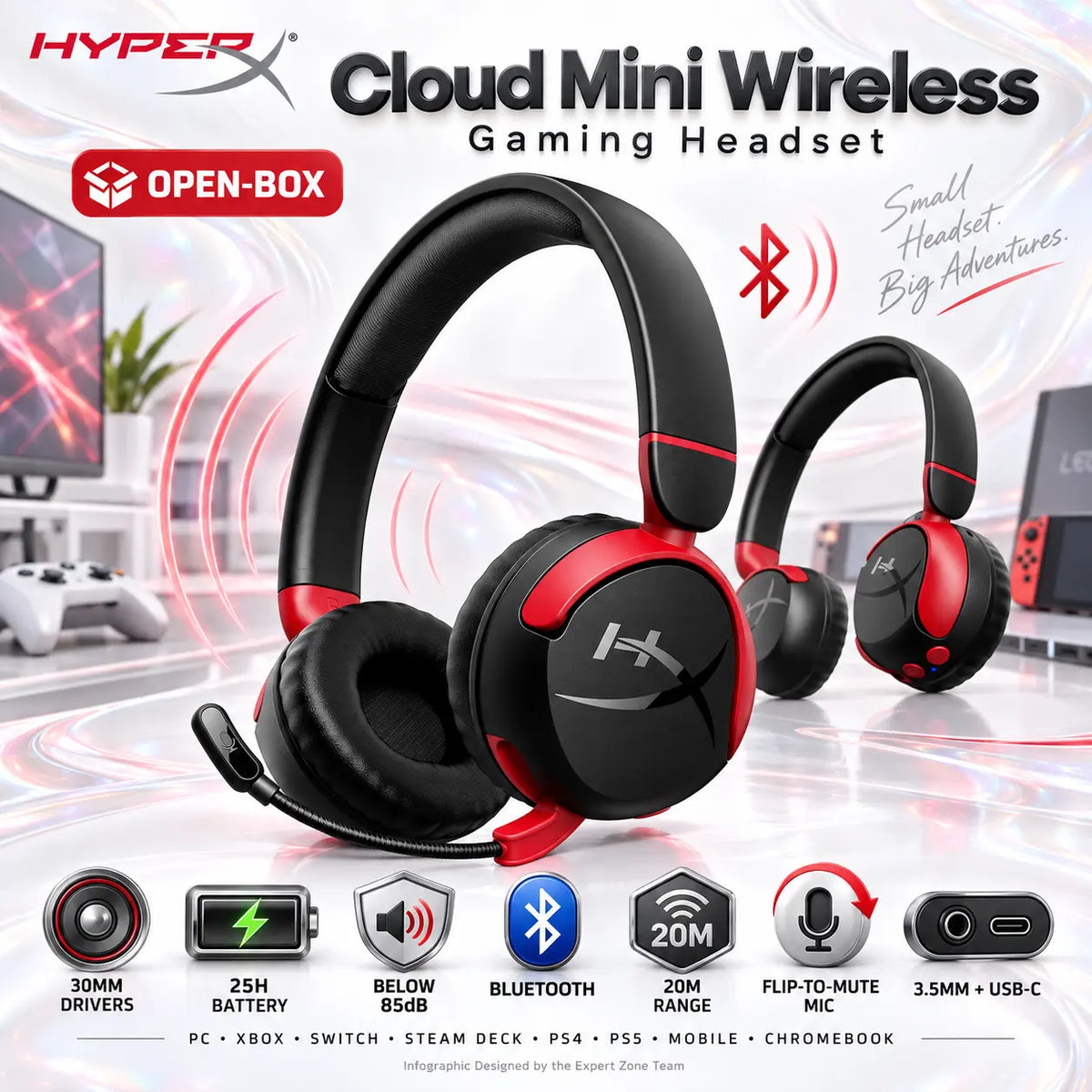 HyperX Cloud Mini Wireless Gaming Headset Open-Box Black + Red With 30mm Drivers, Up To 25-Hour Battery, Bluetooth, 3.5mm Connectivity, Flip-To-Mute Mic, And Youth Comfort