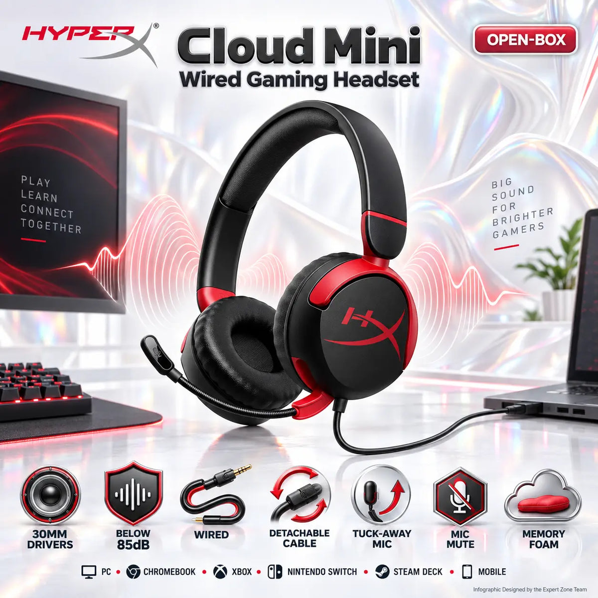 HyperX Cloud Mini Wired Gaming Headset Open-Box Black + Red With 30mm Drivers, Below 85dB Audio, Detachable Cable, Tuck-Away Boom Mic, Memory Foam Cushions, And Wide Compatibility