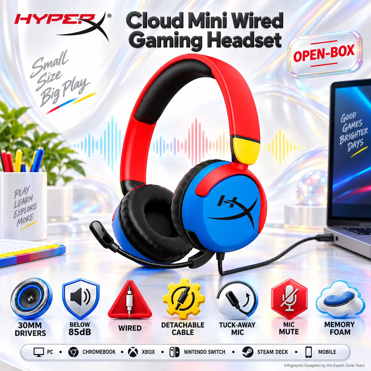 HyperX Cloud Mini Wired Gaming Headset Open-Box Blue + Red + Yellow With 30mm Drivers, Below 85dB Audio, Detachable Cable, Tuck-Away Boom Mic, Memory Foam Cushions, And Wide Compatibility