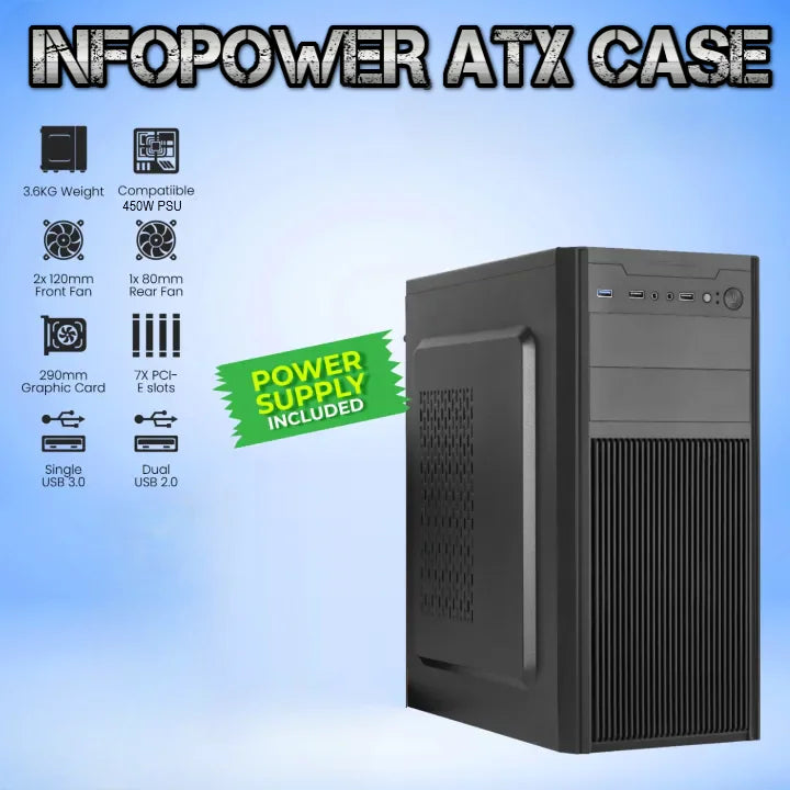 Infopower ATX PC Case With 450W PSU, USB 1.1 x2, HD Audio, Supports Mini ITX & Micro ATX, Hybrid HDD/SSD Slot, 4 PCI Slots, Optional Fan Mounts – Black