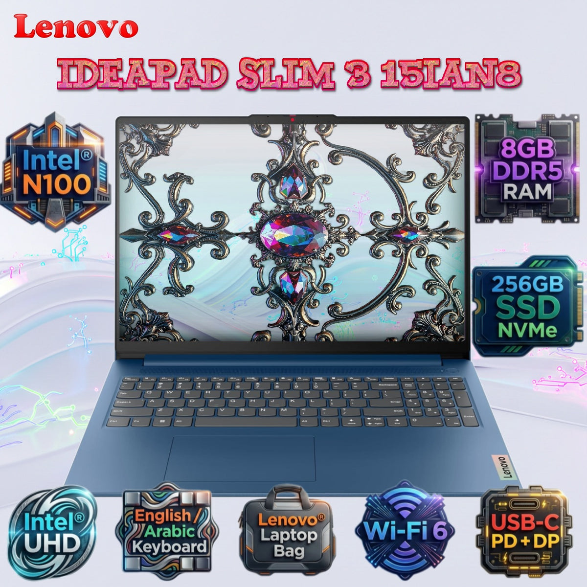 LENOVO IdeaPad Slim 3 15IAN8 : Intel® N100 | 8GB DDR5 RAM , 256GB SSD NVMe | Intel® UHD | 15.6-inch FHD TN Display | Eng. / Ara. Keyboard | DOS | Lenovo® Laptop Bag | ABYSS BLUE