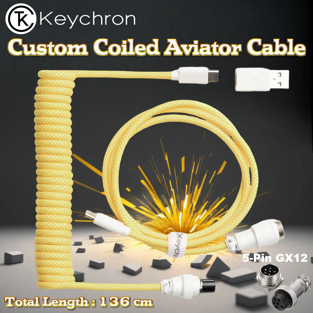 Keychron Custom Coiled Aviator Cable With Straight Connector, 136cm Total Length, Detachable 5-Pin GX12 Port, USB Type-C Compatibility, Durable Nylon Braid | YELLOW