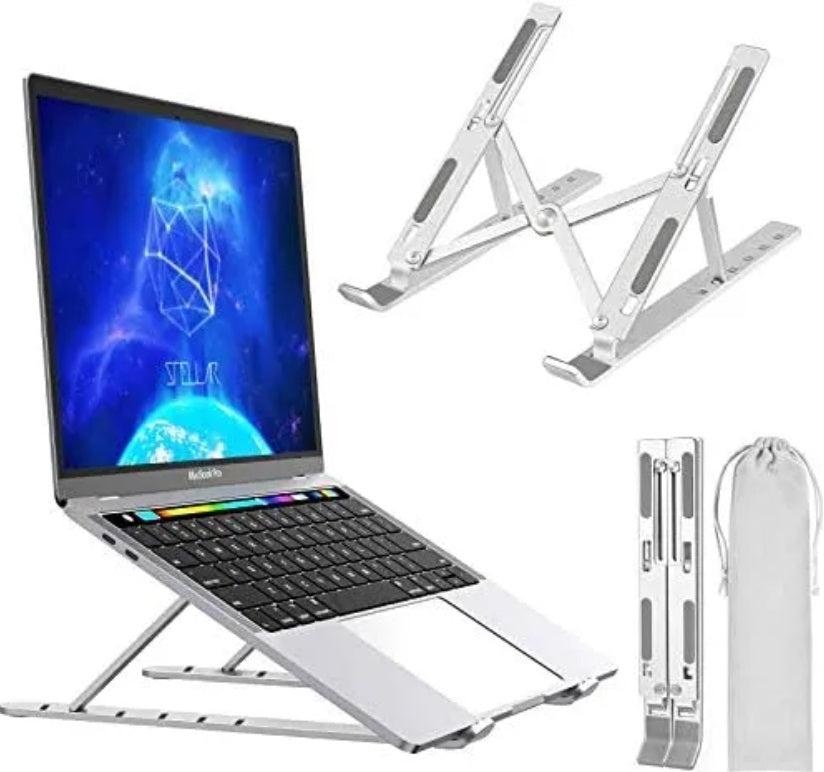Ultra Compact Laptop Riser Stand | 6 Levels of Height Adjustable Portable Laptop Holder for Desk | Aluminum Foldable Laptop Riser, Compatible with ALL Laptops up to 17.3 Inch Size | Silver