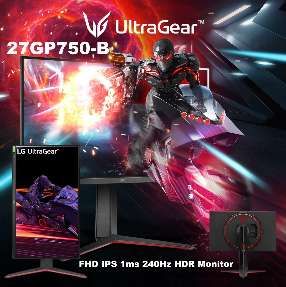 LG UltraGear® 27GP750-B 27 inch FHD IPS 1ms 240Hz HDR Monitor with G-SYNC® Compatibility – AMD FreeSync Premium – Thin Bezel – Tilt, Height, Pivot Adjustable | BLACK & RED