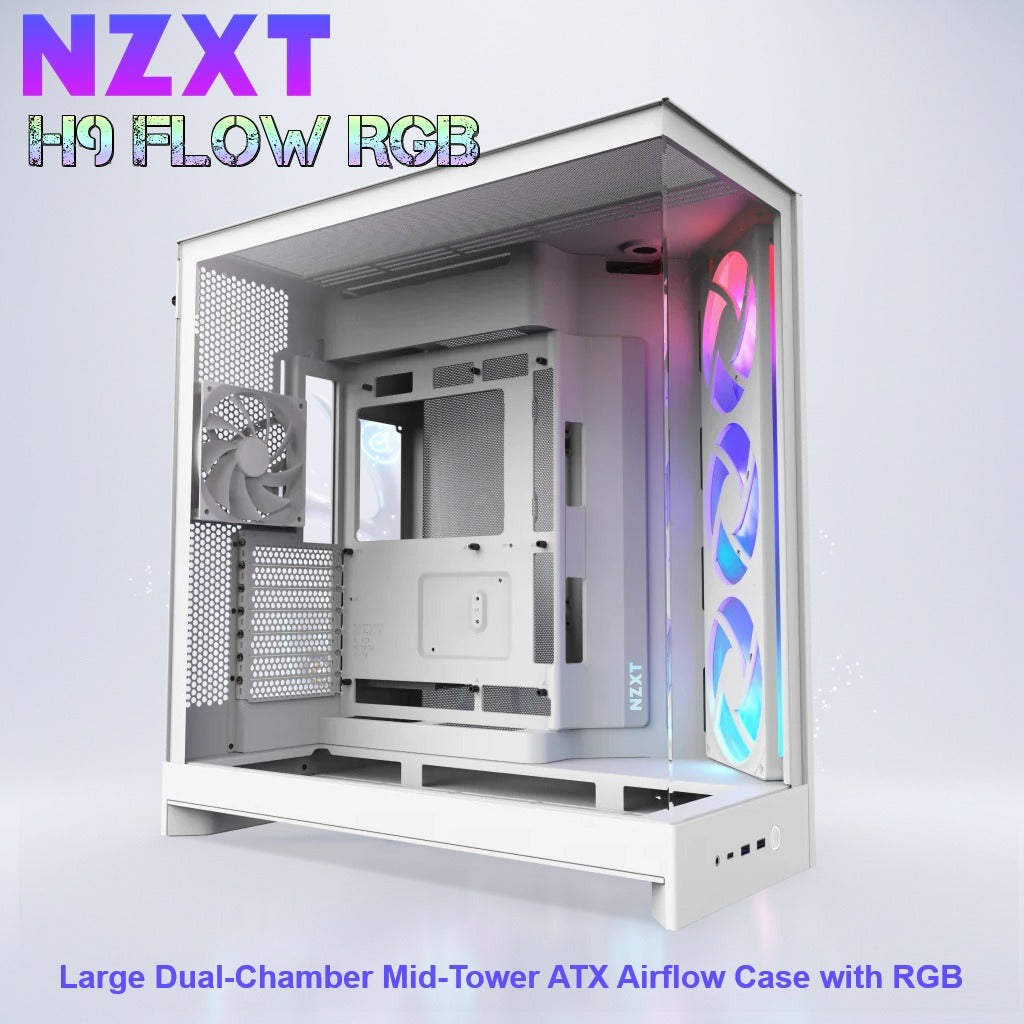 NZXT H9 Flow RGB Large Dual-Chamber Mid-Tower ATX Airflow White Case With Mesh Panels, 10-Fan Support, 420mm Radiator Space, 435mm GPU Clearance, And Back-Connect Ready
