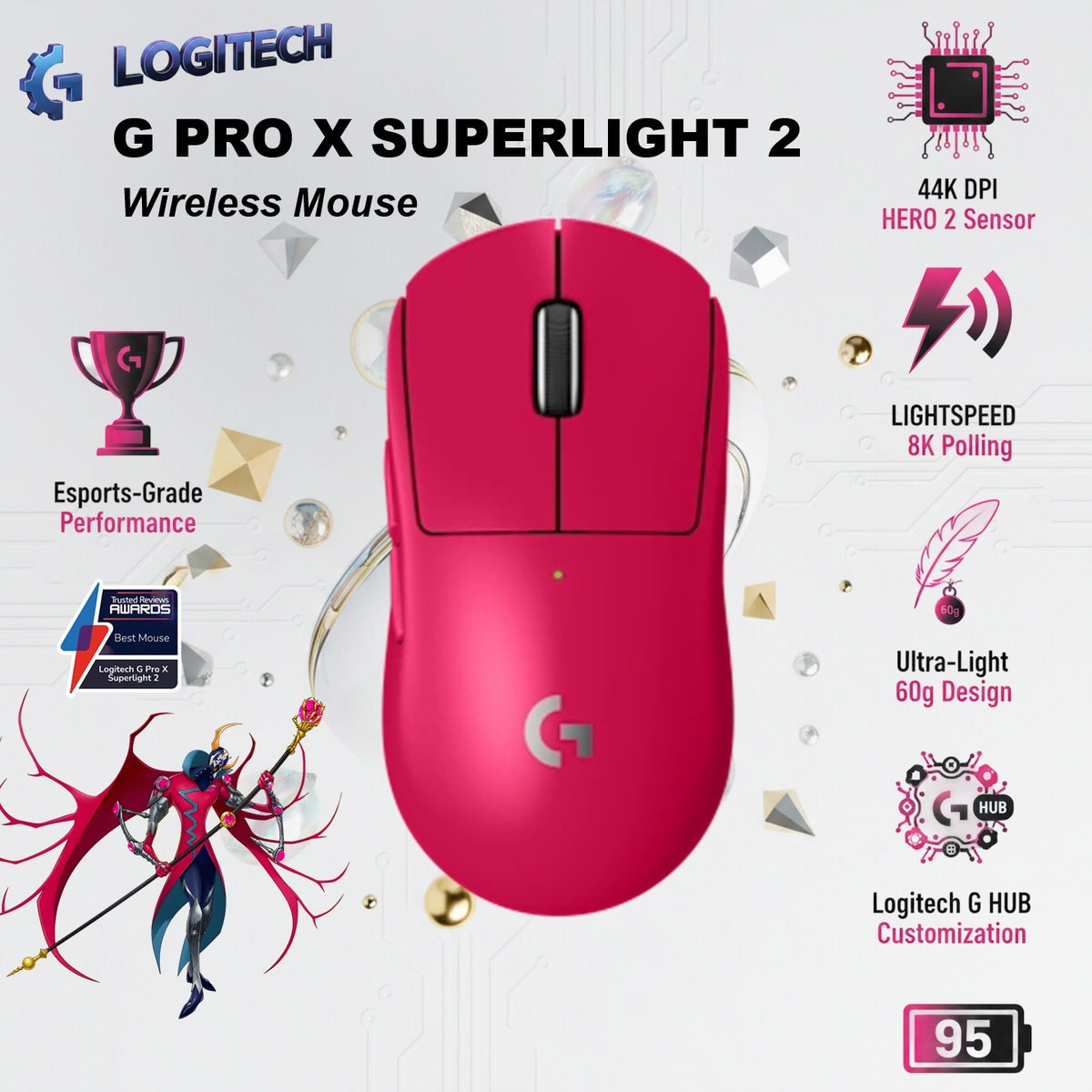 Logitech G PRO X SUPERLIGHT 2 Wireless Gaming Mouse With HERO 2 Sensor Up To 44,000 DPI, LIGHTSPEED 8K Polling, LIGHTFORCE Hybrid Switches, 95-Hour Battery, 60g Ultra-Light Design | PINK ~ 1 Month Warranty