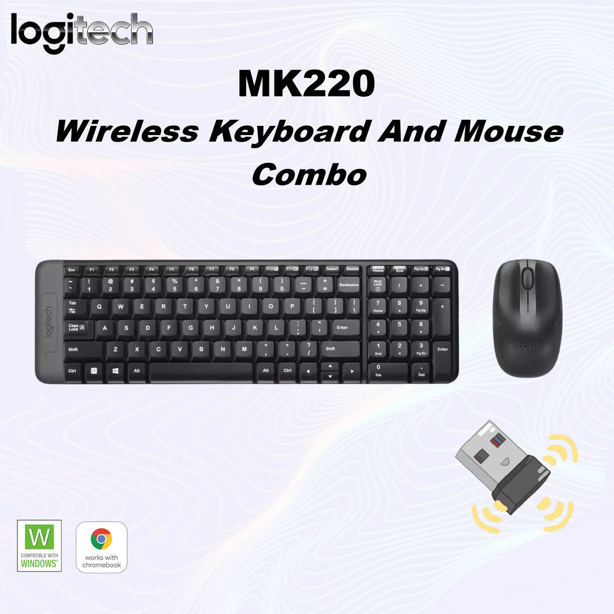 Logitech MK220 Wireless Keyboard And Mouse Combo – Compact Design, Spill-Resistant Keys, Ambidextrous Optical Mouse, 10 m Range, 24-Month Battery Life, USB 2.4GHz Receiver, Supports Windows & ChromeOS | BLACK