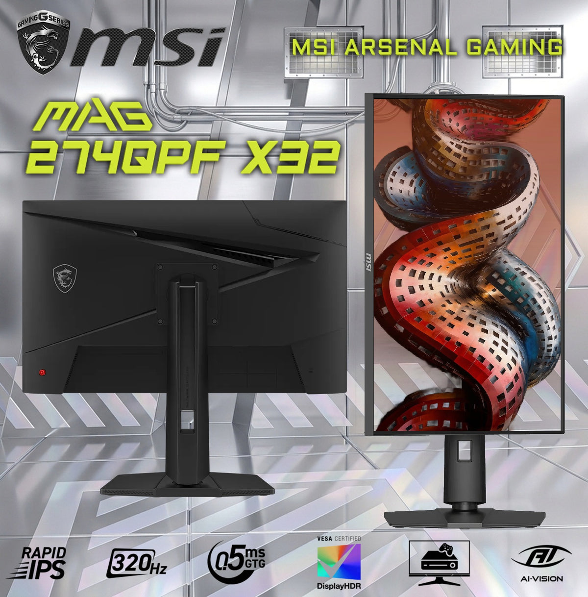 MSI MAG 274QPF X32 27-Inch WQHD 320Hz Rapid IPS Gaming Monitor – 0.5ms GTG, HDMI 2.1 (WQHD@320Hz), DisplayPort 1.4a, VESA DisplayHDR 400, 97% DCI-P3, Adaptive-Sync, Height Adjustable Stand | BLACK